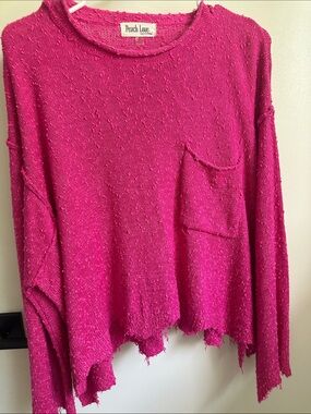 Peach Love by Caroline Rose Hot Pink Distressed Knit Sweater Size Small